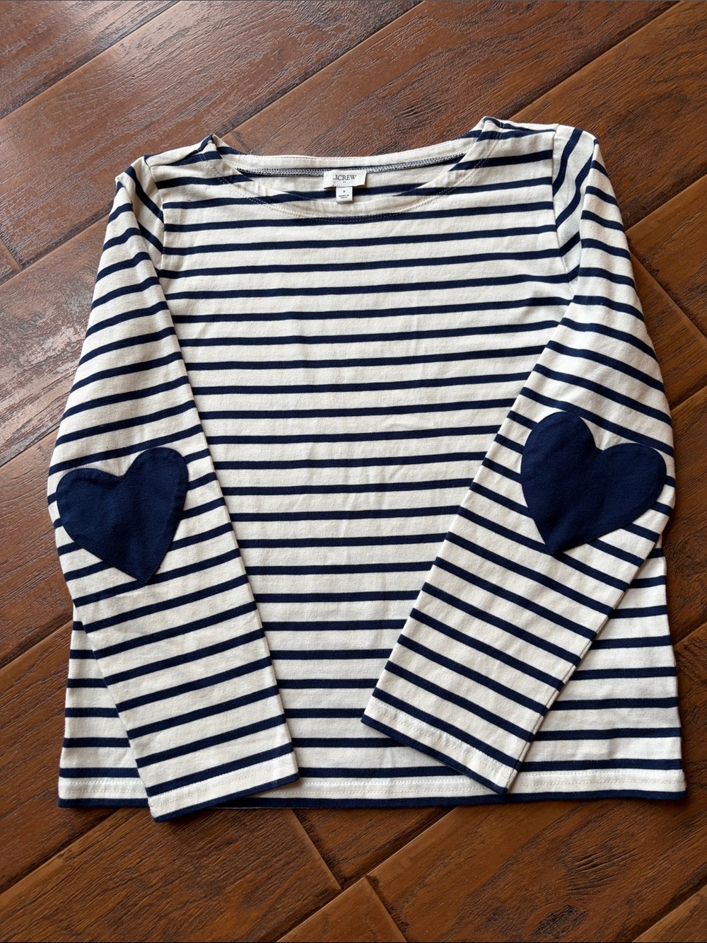 J. Crew Navy & White Striped Long-Sleeve Top with Heart Elbow Patches - Size